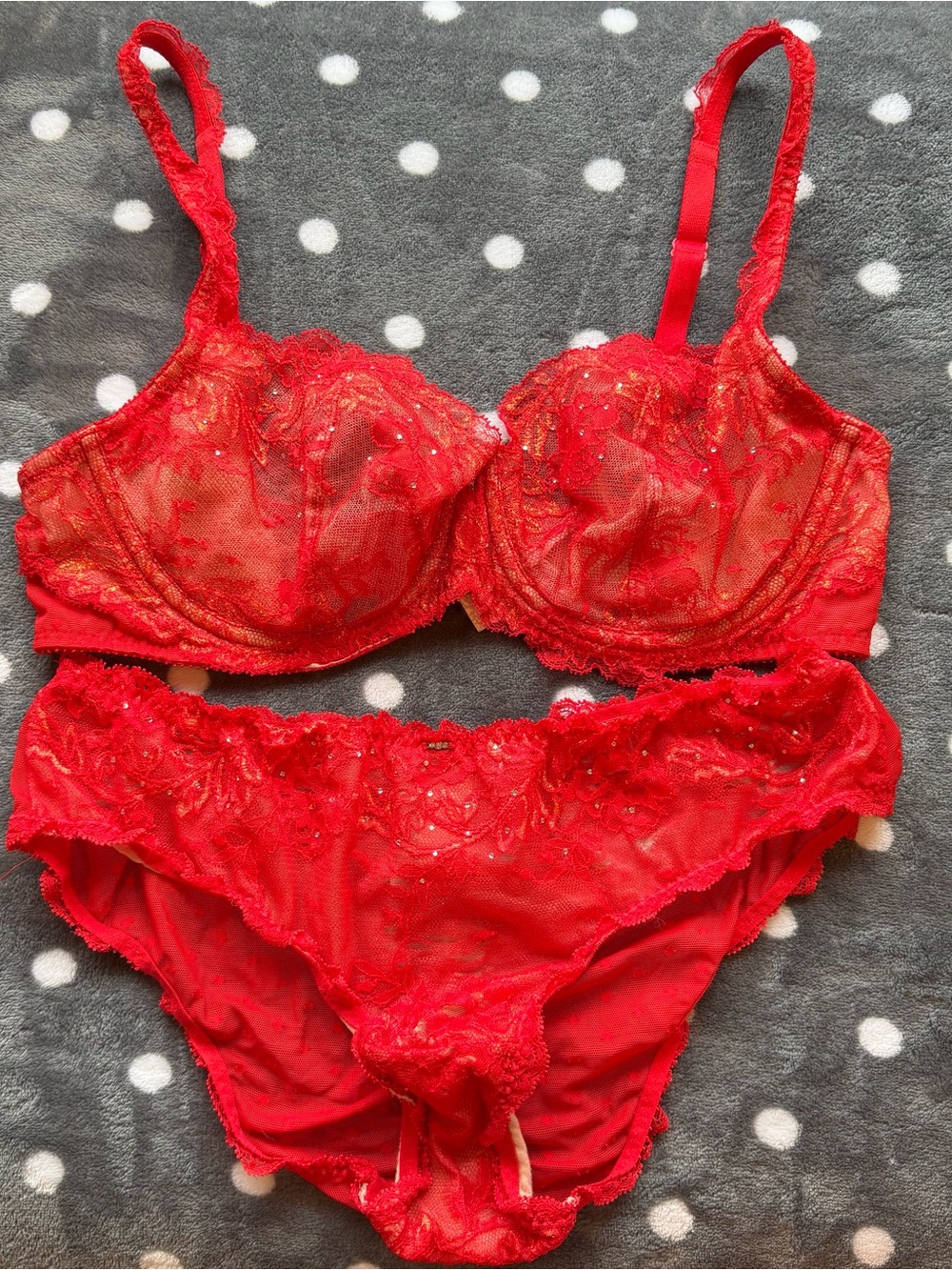 Victoria's Secret Red Dream Angels Lace Underwire Demi Bra & Panty Set 34D & M